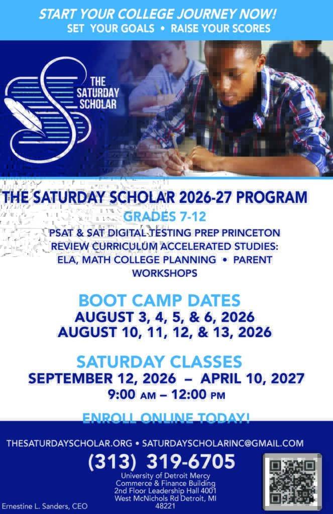 Student studying beside Saturday Scholar poster